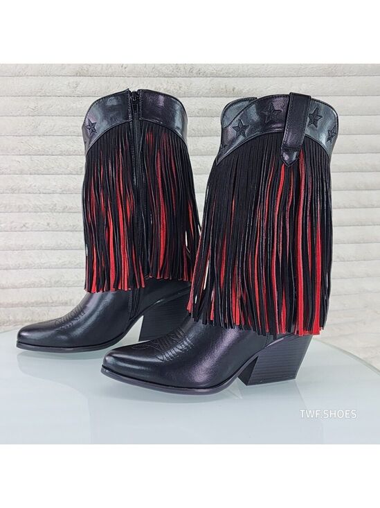 Pierre Dumas Shoes - NIB Dusty Roads Mid Calf Black and Red Fringe Country Western Cowgirl Boots